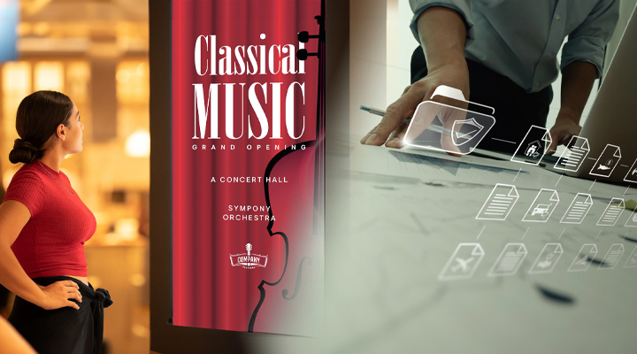 On the left, a woman watches a digital signage screen displaying an ad for a classical music concert, while on the right, another person checks attention data.