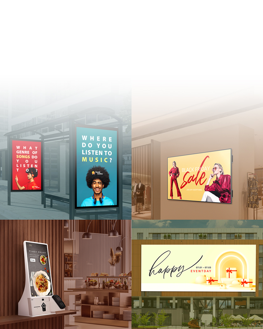 This image shows the digital signage solution LG DOOH Ads displaying various ads on screens at a bus stop, a department store, a cafe, and an outdoor area.