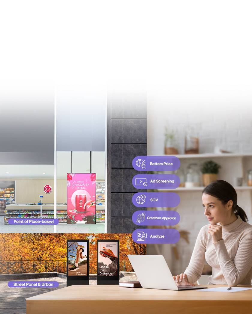 This image illustrates a user setting up an advertising campaign to be delivered to indoor and outdoor signage remotely using LG DOOH Ads. LG DOOH Ads is an advertising solution that provides key features for ad operations, including ad exposure management, creative approval, and performance analysis.