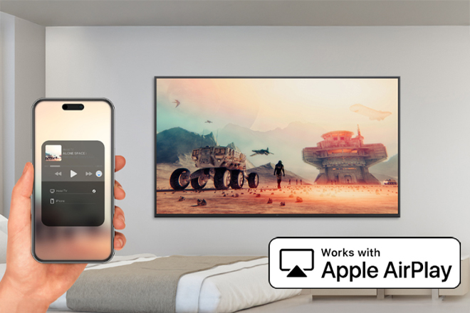 The image demonstrates that the AirPlay feature allows content from an iPhone to be displayed on the in-room hotel TV.