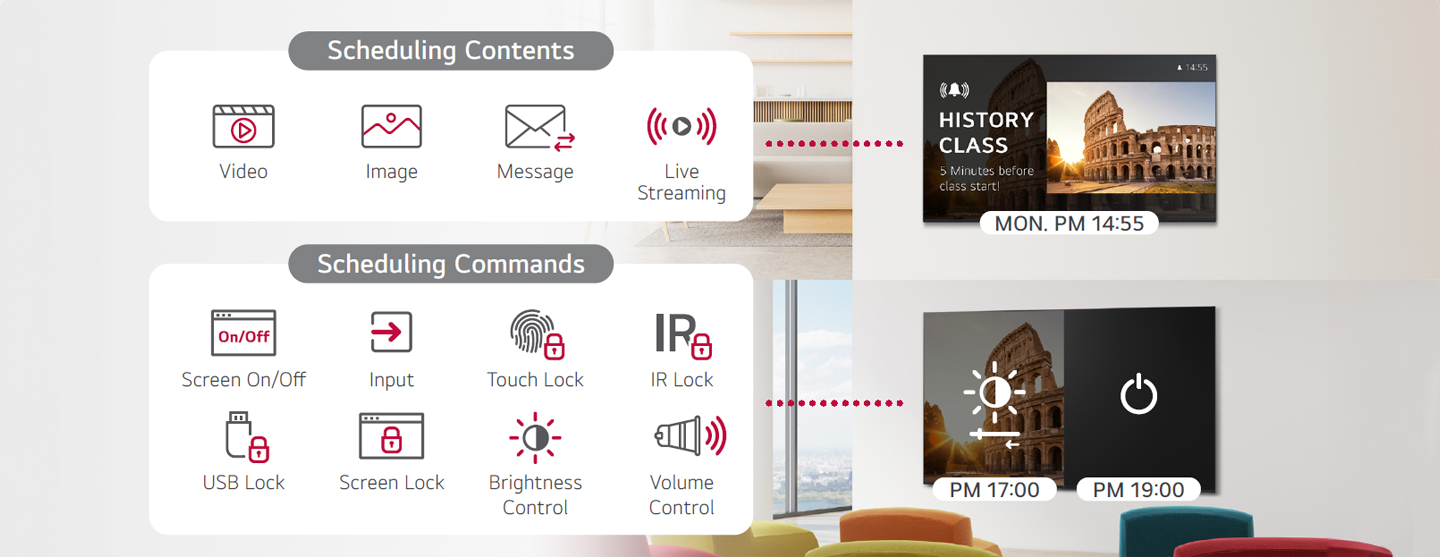 LG ConnectedCare (DMS License) enables content distribution scheduling, including scheduling commands for adjusting device screens. Users can manage schedules for videos, images, messages, and live streaming, as well as control screen on/off times as desired. Additional features include input control, screen locks, USB port and touchscreen locks, infrared locks, and device volume adjustments.