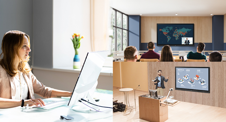 This illustration shows an administrator managing LG CreateBoards, interactive digital boards installed in various classrooms using LG ConnectedCare (DMS License).
