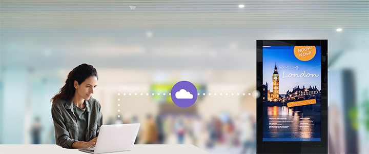 An image presents an administrator efficiently managing digital signage with the LG ConnectedCare solution.