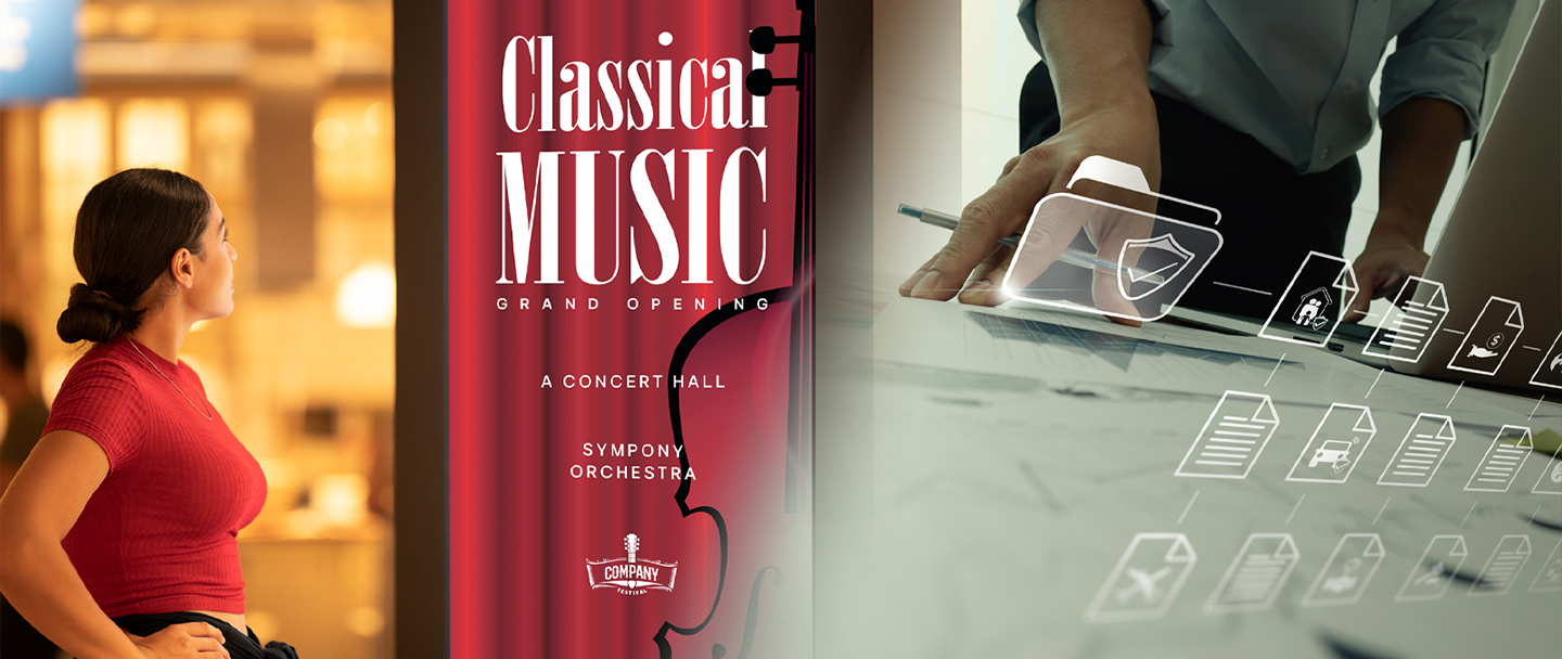 On the left, a woman watches a digital signage screen displaying an ad for a classical music concert, while on the right, another person checks attention data.