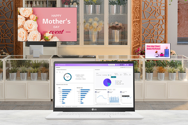 This image shows a laptop screen featuring LG DOOH Ads' Reports.