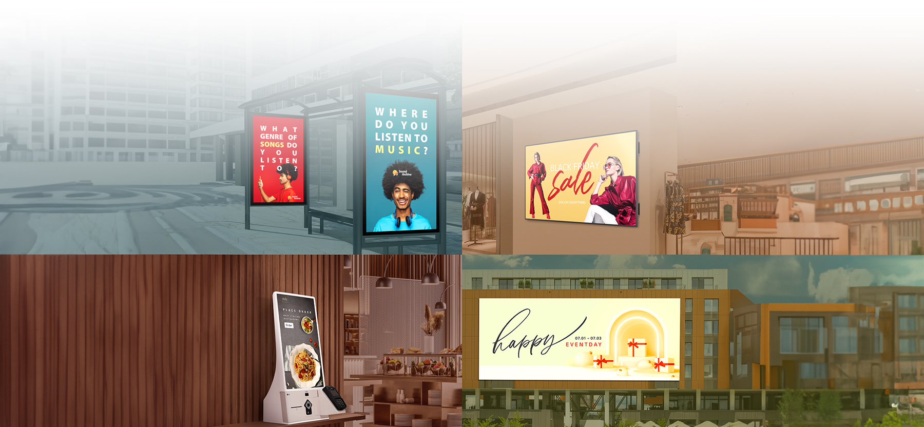 This image shows the digital signage solution LG DOOH Ads displaying various ads on screens at a bus stop, a department store, a cafe, and an outdoor area.
