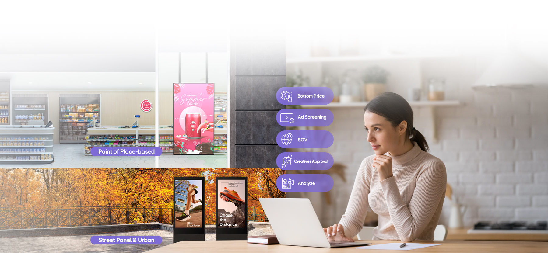 This image illustrates a user setting up an advertising campaign to be delivered to indoor and outdoor signage remotely using LG DOOH Ads. LG DOOH Ads is an advertising solution that provides key features for ad operations, including ad exposure management, creative approval, and performance analysis.