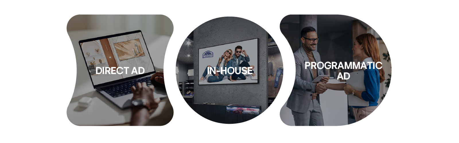 The image presents the Direct Ad, In-House Ad, and Programmatic Ad functions provided by LG DOOH Ads, illustrated with intuitive diagrams and icons.