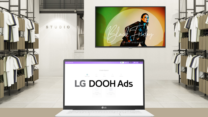 Using LG DOOH Ads, fashion advertising content is remotely delivered to digital signage installed inside a clothing store.