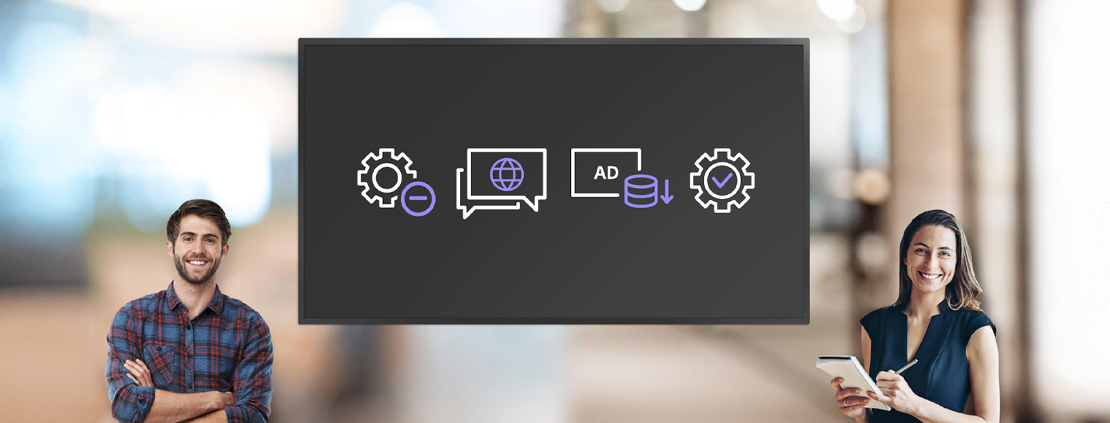 This image features a man and a woman standing next to a monitor displaying LG DOOH Ads' Programmatic Ads options, highlighted by simple icons. It indicates that users can set preferences such as content filtering, language settings, bottom price settings, and content approval.