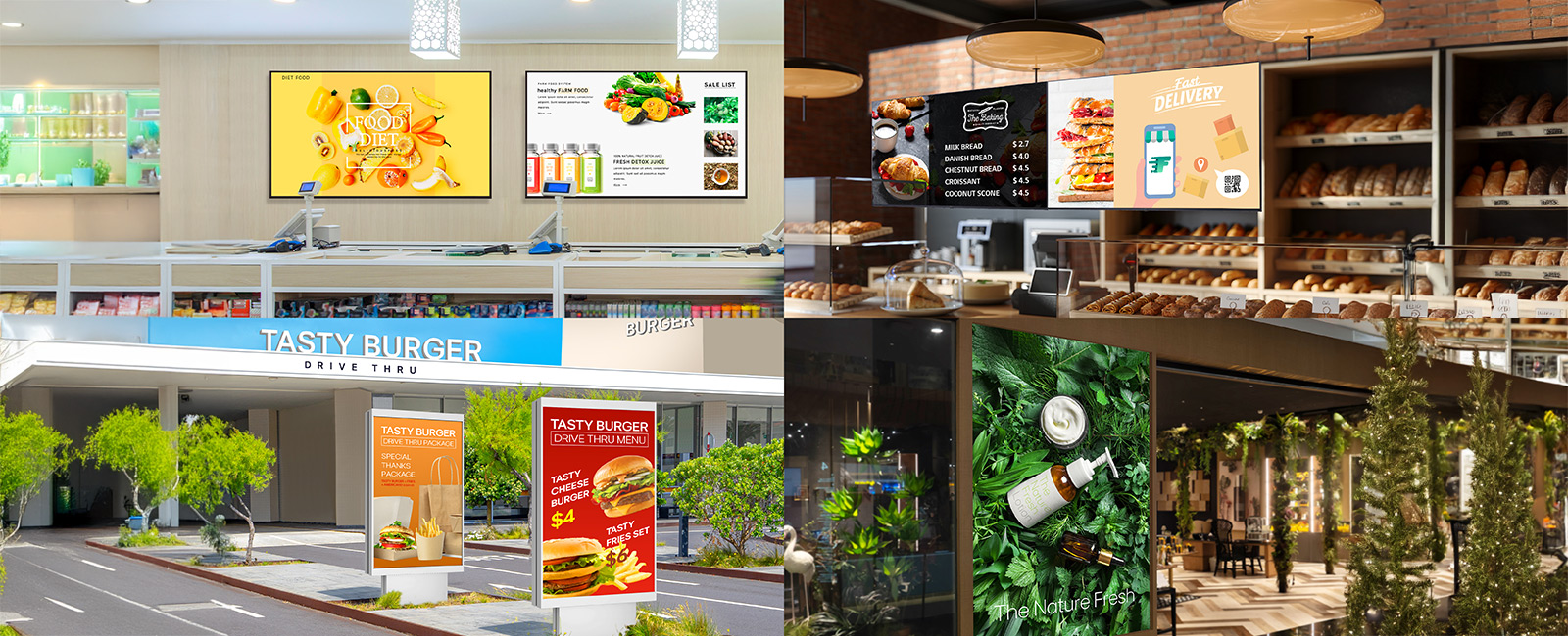 Using LG DOOH Ads, advertising campaigns can be configured and delivered to digital signage across various indoor and outdoor spaces. The image illustrates examples of LG DOOH Ads being used in different environments such as convenience stores, cafés, QSR locations, and beauty shops.