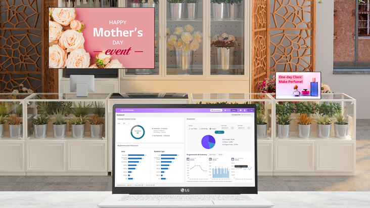 This image shows a laptop screen featuring LG DOOH Ads' Reports.