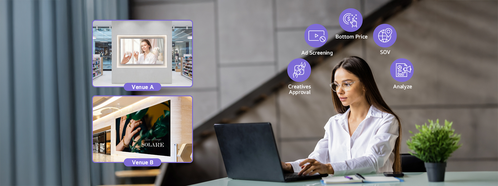 The image shows a user setting up advertising campaigns to be remotely delivered to digital signage installed at various venues using LG DOOH Ads. LG DOOH Ads is an advertising solution that provides key features for ad operations, including ad exposure management, creative approval, and performance analysis.