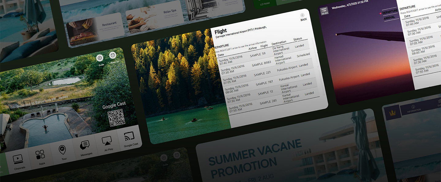 This image shows an example of customized content created for each room using the LG Pro:Centric Cloud solution.