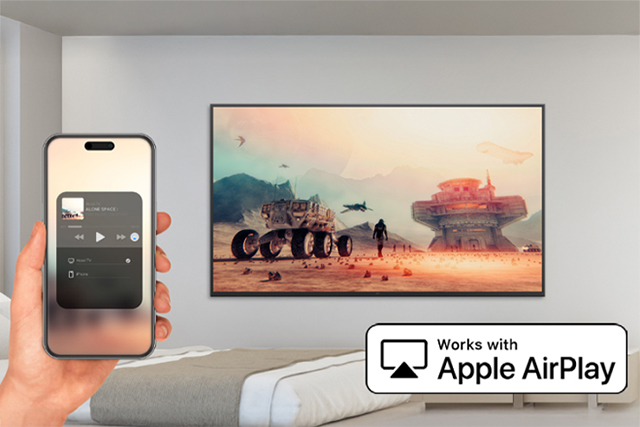 The image demonstrates that the AirPlay feature allows content from an iPhone to be displayed on the in-room hotel TV.