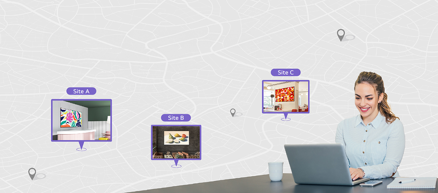 This image depicts an administrator managing multiple displays across various locations using a laptop.