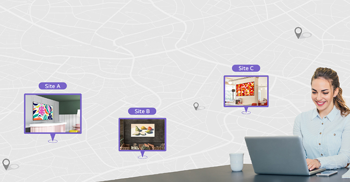 This image depicts an administrator managing multiple displays across various locations using a laptop.