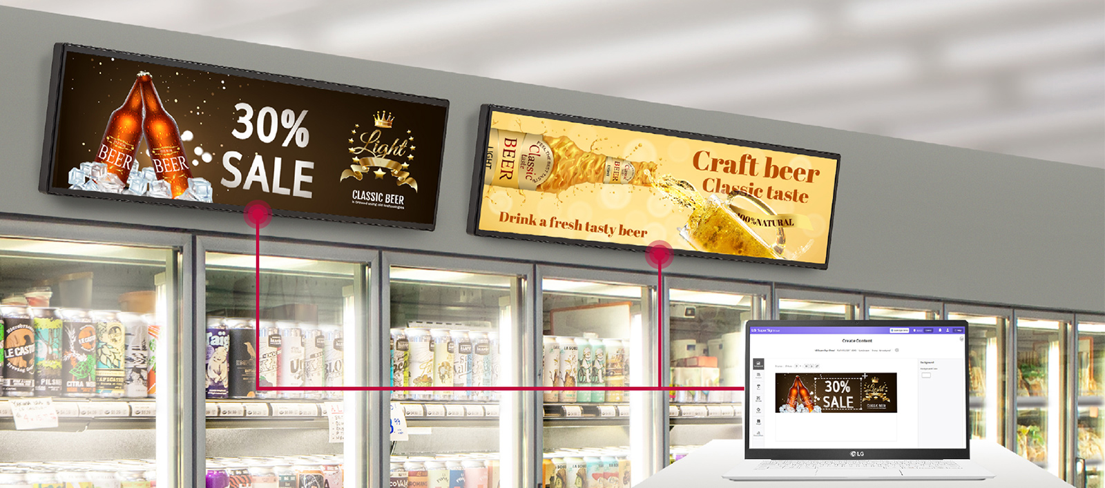 This image shows a solution page displayed on a laptop, demonstrating content creation and its application to retail displays.