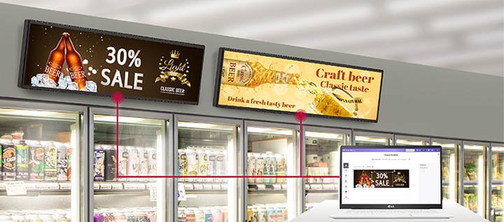 This image shows a solution page displayed on a laptop, demonstrating content creation and its application to retail displays.